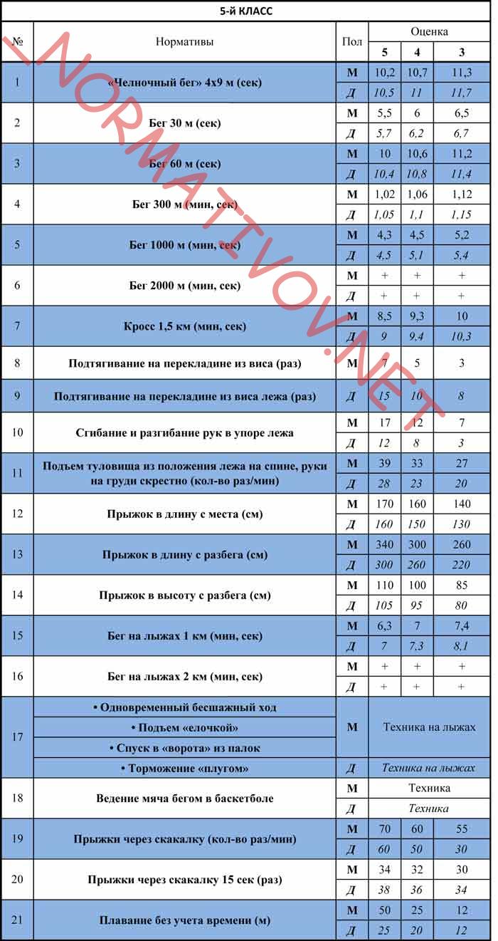 нормативы по физкультуре 5-й класс